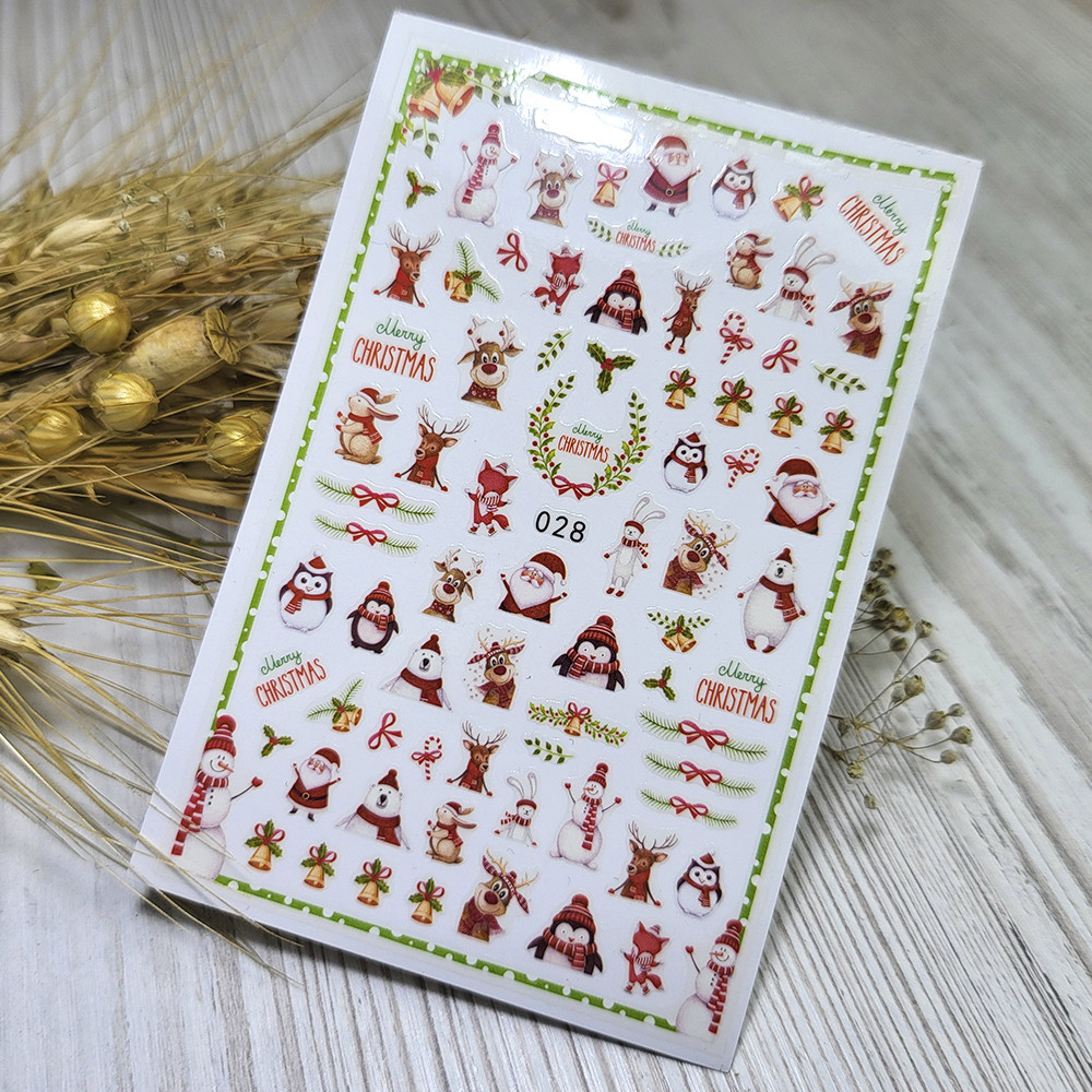 Наклейки для нігтів Nail stiker Merry Christmas (дзвіночки олені пінгвіни) новорічні прикраси EB 28