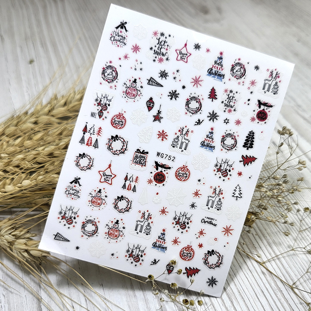 Наклейки для нігтів Nail stiker Merry Christmas новорічні (ялинкові іграшки) чорно-червоні WG 752