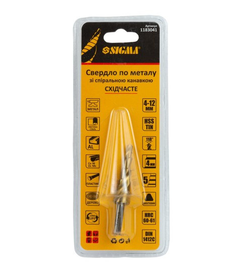 Свердло по металу східчасте HSS-TiN титанове зі спіральною канавкою 4,6,8,10,12мм, шаг 2мм SIGMA 1183041