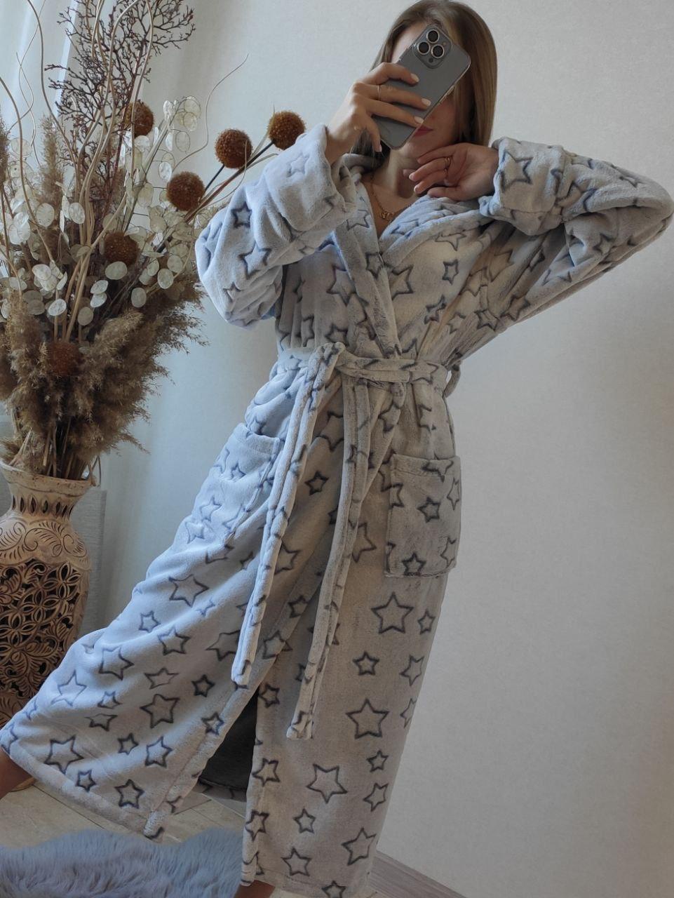 Жіночий довгий махровий халат сірі зірки Туреччина, фото 1