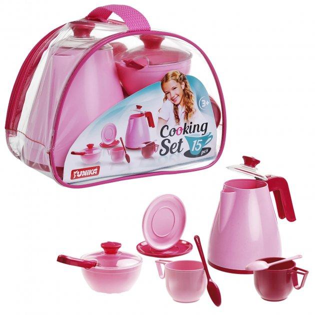 Дитячий набір посуду Cooking Set Юніка 1733 у сумці рожевий 15 шт предметів чайник сервіз іграшка для дітей кухня