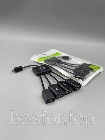 Хаб USB 2.0 4 порти OTG micro чорний для підключення клавіатури миші флешки зарядки телефона BF, фото 1