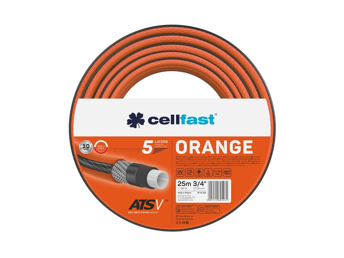 Поливальний шланг Cellfast ORANGE 3/4 дюйма 25 м садовий п'ятишаровий - 15-021