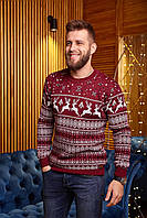 Мужской новогодний свитер с оленями бордовый без горла шерстяной