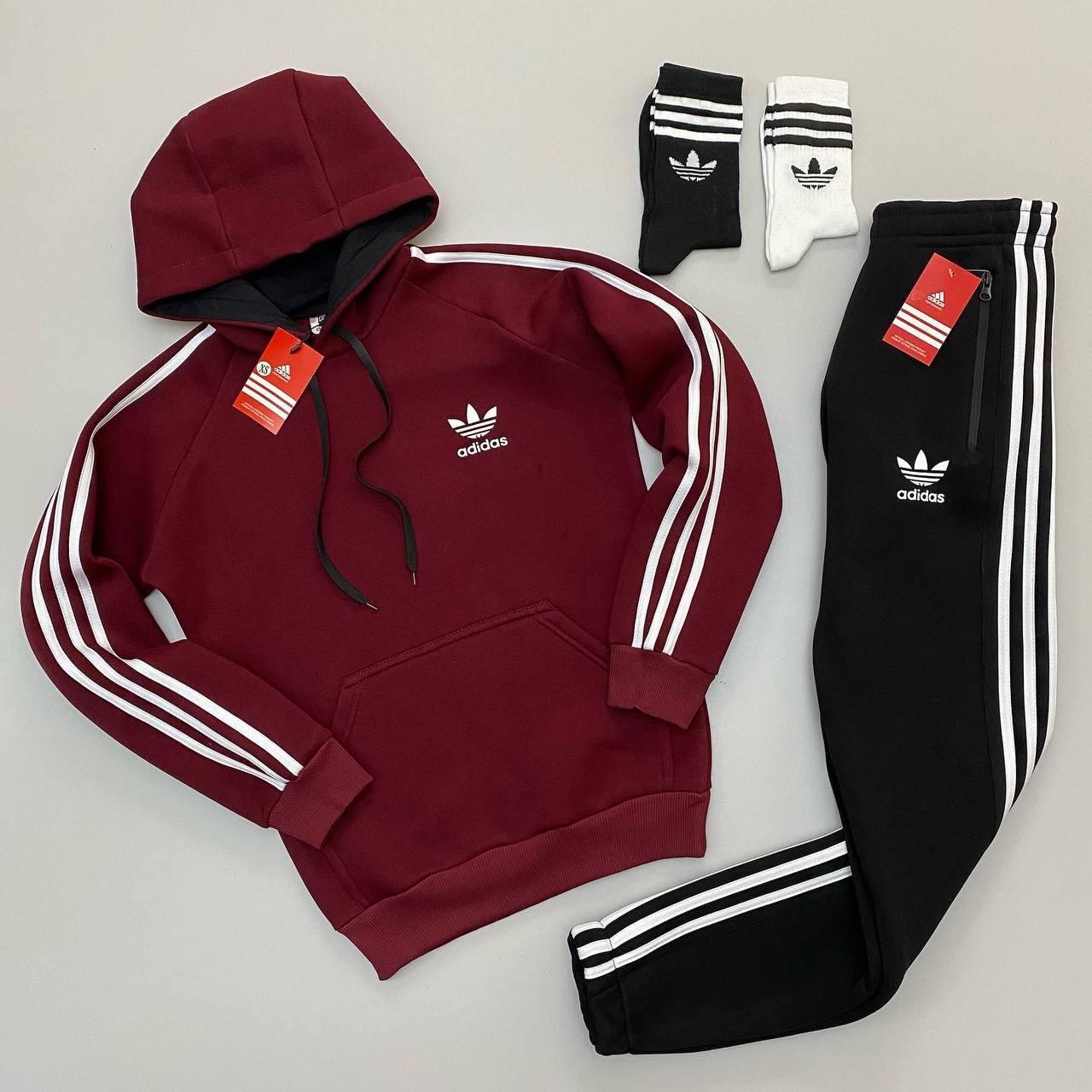Чоловічий утеплений спортивний костюм Adidas бордовий з капюшоном ⁇ Комплект зимовий Адідас худі та штани