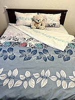 Постельное белье Наша Швейка Бязь Цветы и листья на белом и голубом фоне Семейный 2 х 150х215 см