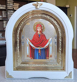 Ікона Пресвята Богородиця Покров у білому арочному кіоті під склом, розмір 25*28, сюжет 15*18.