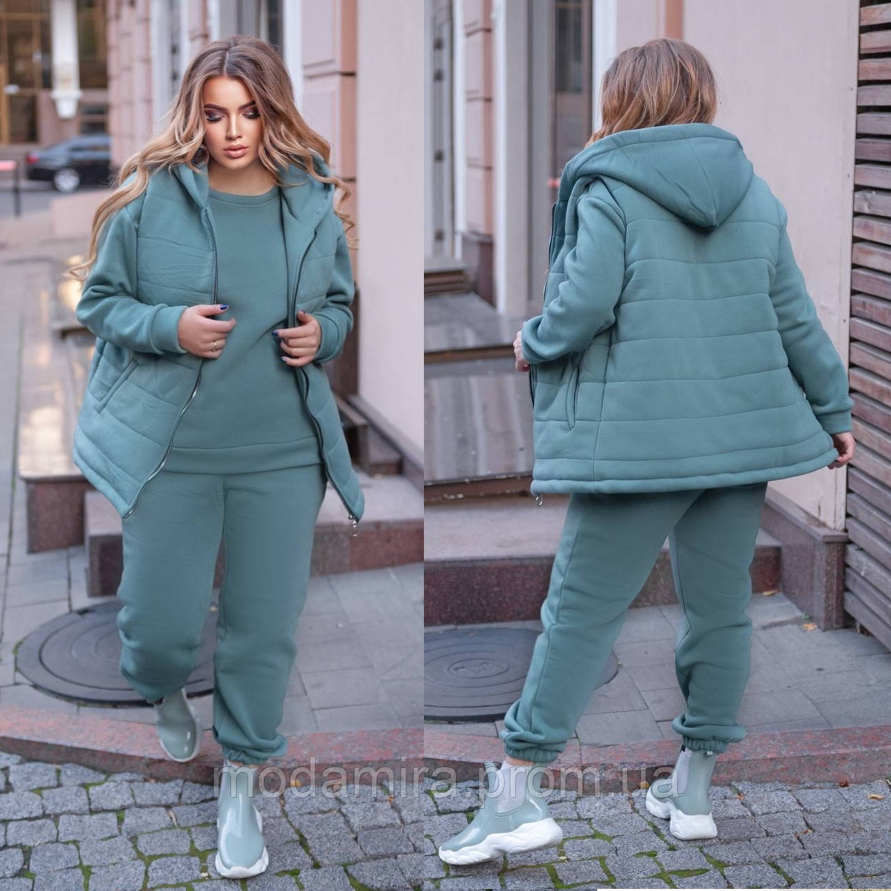 Женский теплый спортивный костюм на флисе. Костюм тройка штаны + жилетка+ свитшот Р- 46-48, 50-52, 54-56 - фото 1 - id-p1694087646