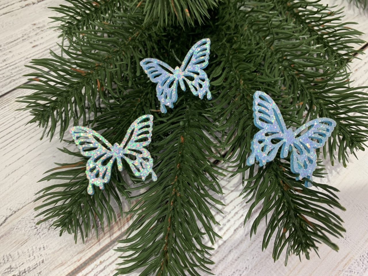 Декор новорічний Метелики з фетру 3.5 см. Блакитні в глітері (пач. 5 шт)., фото 1