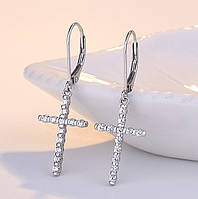 Сережки-хрестики срібні з камінням, сережки з великим хрестом, сережки унісекс, срібло 925 проби