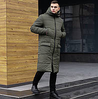 Зимняя парка мужская теплая | Куртка-пальто мужская зимняя длинная с капюшоном хаки. Живое фото