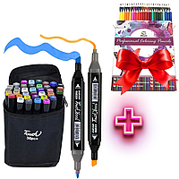 Набор двустороннних маркеров 36 шт для рисования + Подарок Набор цветных карандашей 48 штук / Скетч маркеры