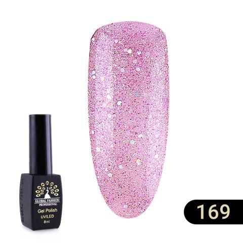 Гель лак для нігтів рожевий з блискітками №169 Global Fashion 8ml