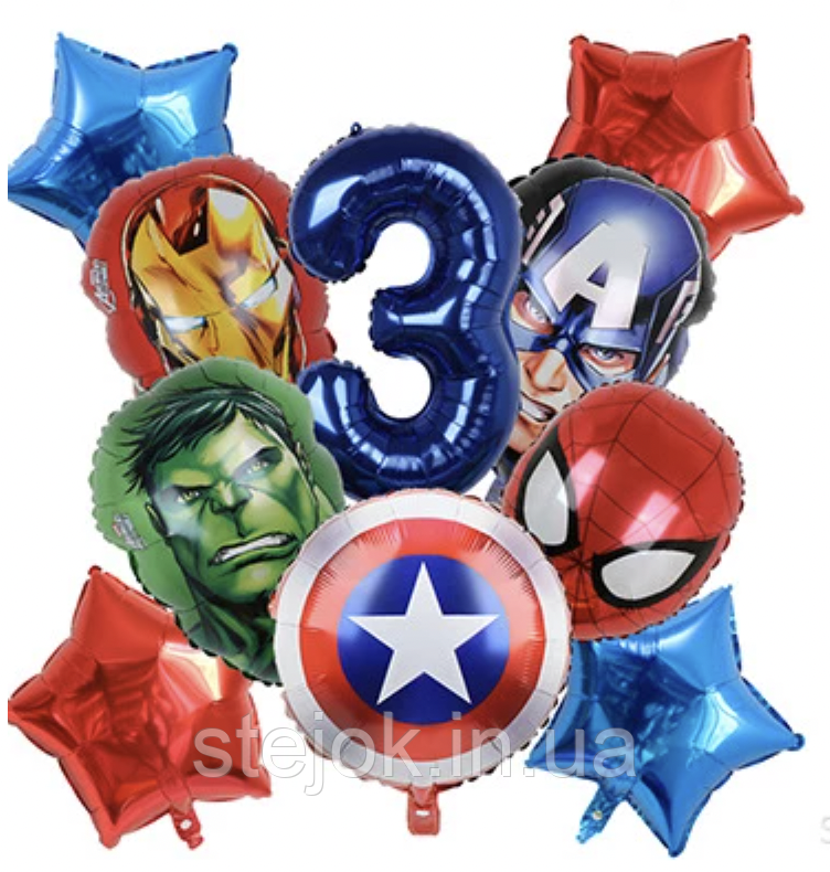 Набір куль супергерої Marvel із синьою цифрою людина-павук, капітан америка, халк, залізна людина