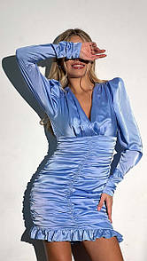 Вечірня блакитна шовкова сукня міні з драпіруванням