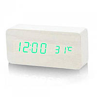 Дерев'яний Настільний годинник VST-862 з термометром білий (зелена підсвітка)
