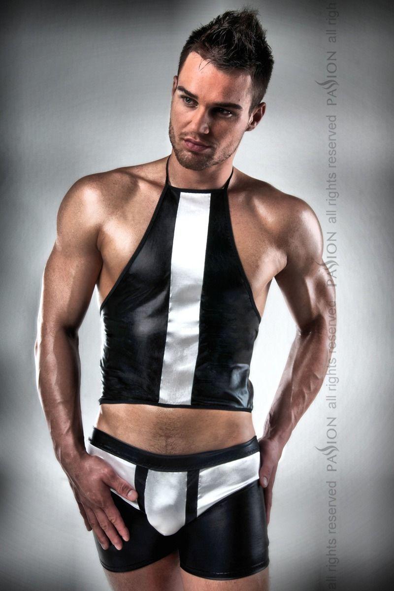 Комплект білизни Passion 018 SET L/XL, чорні шортики та топік із білими елементами