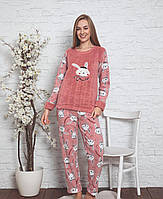 Пижама женская теплая зимняя пижамка на флисе махровая пудровая XL (48-50)