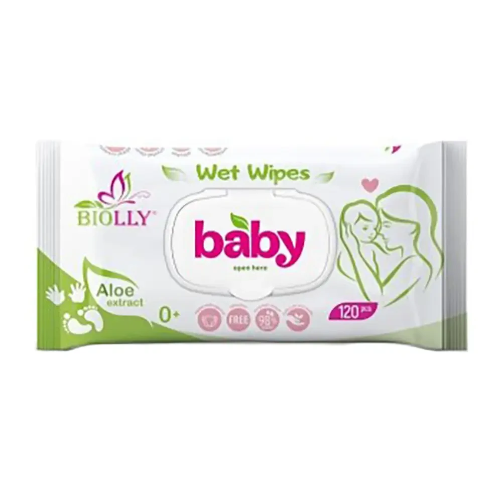 Вологі серветки з алоє з клапаном Biolly Baby 120 шт