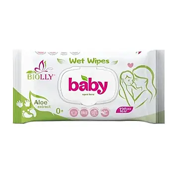 Вологі серветки з алоє з клапаном Biolly Baby 120 шт