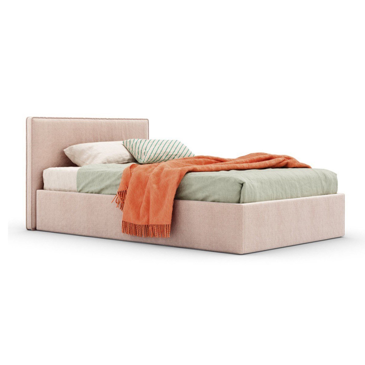 М'яке односпальне ліжко BILPE Plaine 80х190 см для дітей, підлітків, пудрово-рожевий велюр, рогожка, фото 1