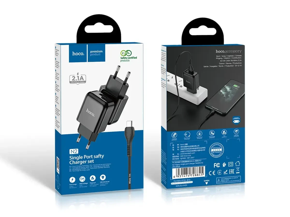 Зарядний пристрій 220В USBx1 з кабелем USB - micro USB Hoco N2 56шт 9912