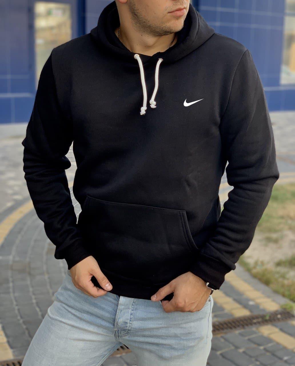 Чоловіче зимове худі Nike утеплене чорне на флісі  ⁇  Чоловіча утеплена толстовка Найк чорна