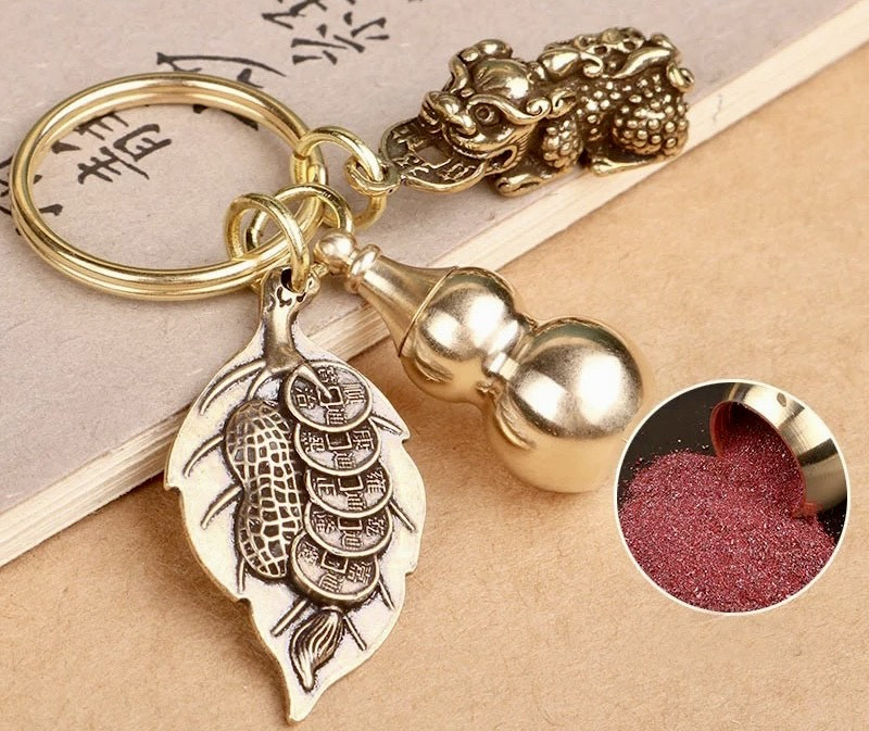 Брелок Пі Яо з гарбузом Ву-Лу та листком дерева Бодхі та священною пудрою для Багатства та Довгоріччя, фото 1