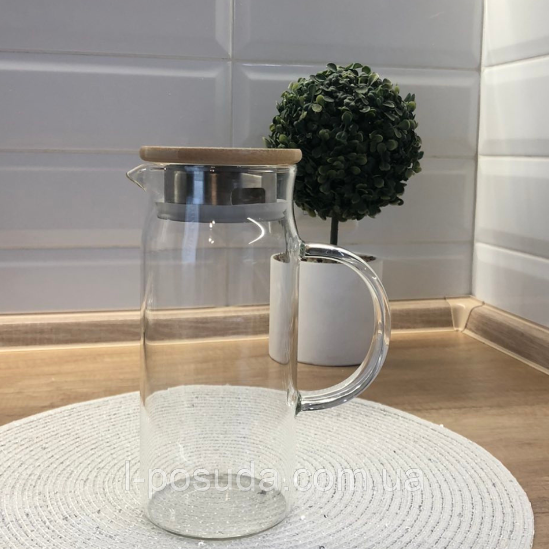 Глечик - заварник з жаротривкого скла 1,5 л з бамбуковою кришкою, фото 1