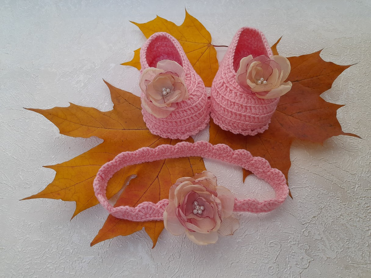 Пінетки в'язані і пов'язка для маленької принцеси від 0-3 м. (9,5 см) Ручна робота, фото 1