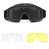 Тактические защитные очки со сменными линзами / Панорамные незапотевающие очки для ЗСУ, Черный