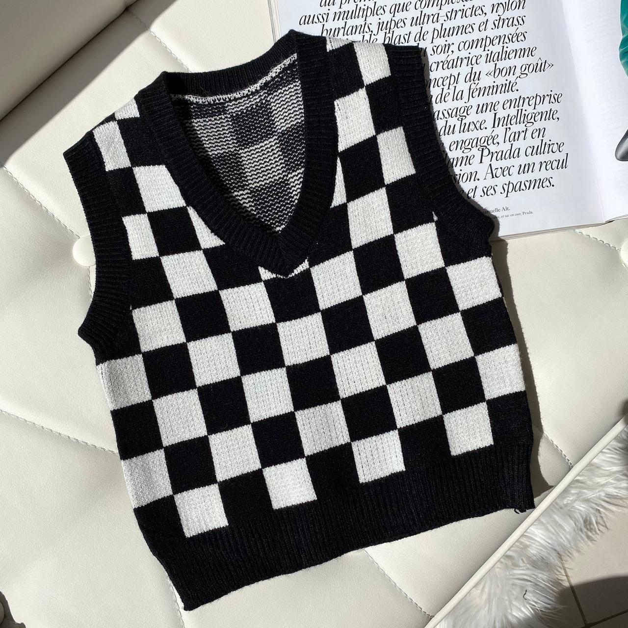 Жилетка для дівчинки в'язана клітка Чорна 92008 90, Guoergiao, Черный, Для девочек, Осень Зима, 4 года, фото 1