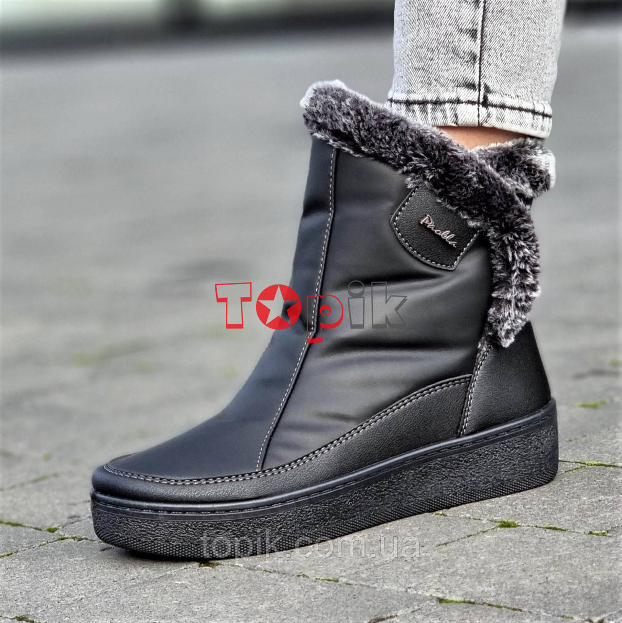 Тільки 37р! Напівчоботи жіночі  зимові екошкіра чорні Полусапожки женские зимние черные экокожа (Код:3058)