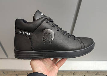 Чоловічі шкіряні чорні зимові черевики в стилі Diesel!!