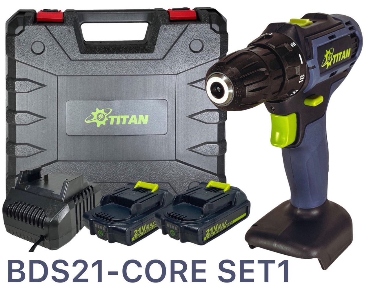 Акумуляторний двошвидкісний дриль-шурупокрут 21В, TITAN BDS21-CORE SET1