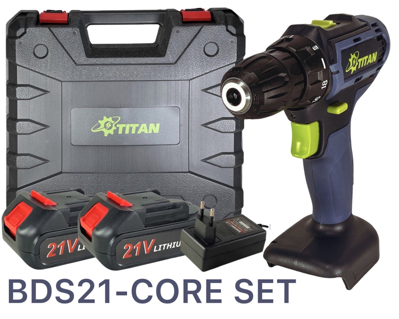 Акумуляторний двошвидкісний дриль-шурупокрут 21В, TITAN BDS21-CORE SET