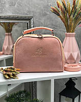Женская сумка чемоданчик комбинированная пудровая небольшая натуральная замша+кожзам