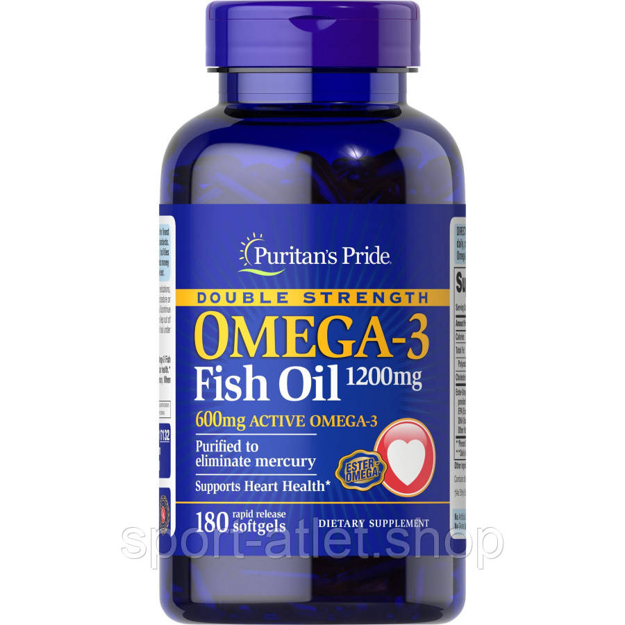 Жирні кислоти Puritan's Pride Double Strength Omega-3 Fish Oil 1200 mg, 180 капсул, фото 1