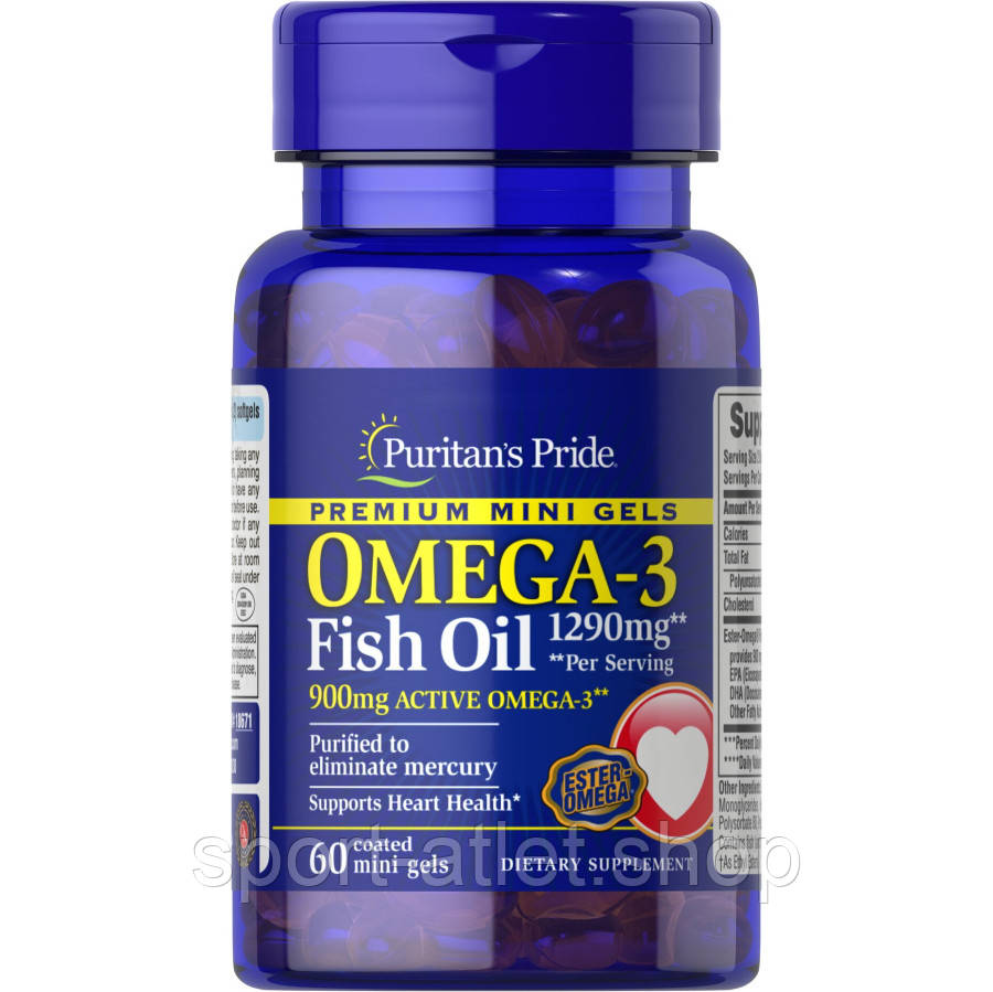 Жирні кислоти Puritan's Pride Omega 3 Fish Oil 1290 mg, 60 міні капсул, фото 1