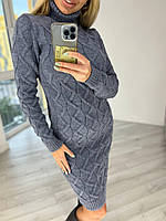 Женское вязаное платье Зигзаг синие джинс с горлом полушерстяное длина до колена размер единый 42 44 46