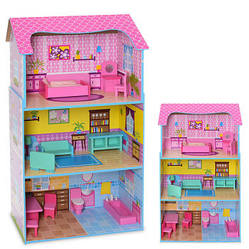 Дитяча дерев'яна іграшка Ляльковий триповерховий будиночок з меблями MD 2202