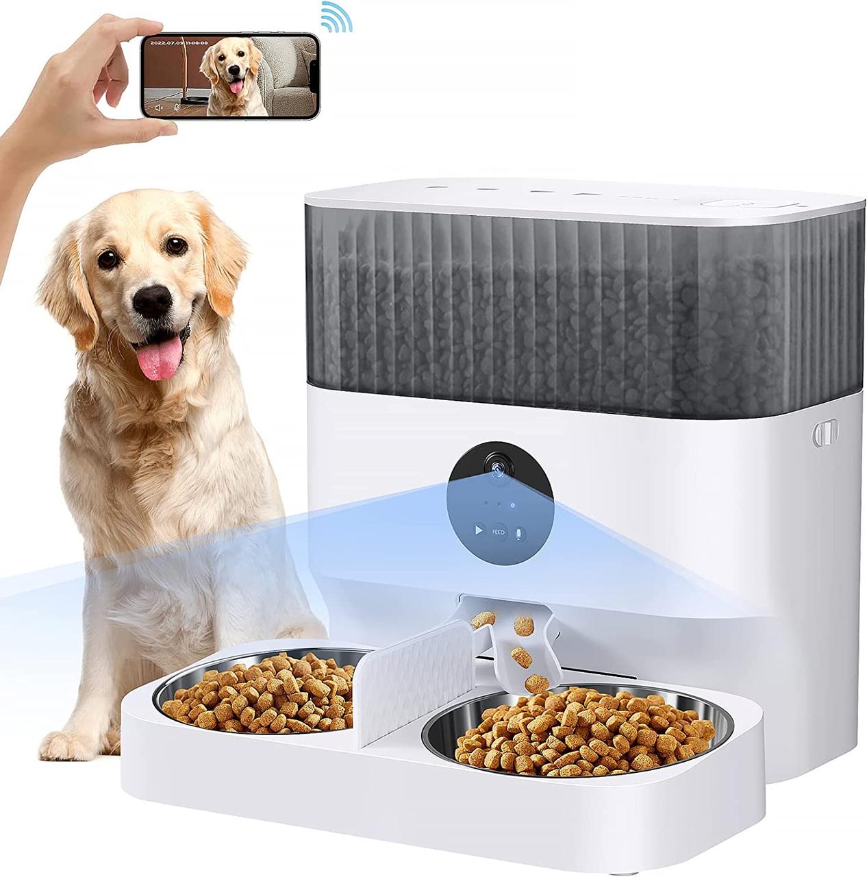 Автоматична годівниця для котів та собак PetLife 5L, на 2 миски з Відеокамерою та WIFI, Білий