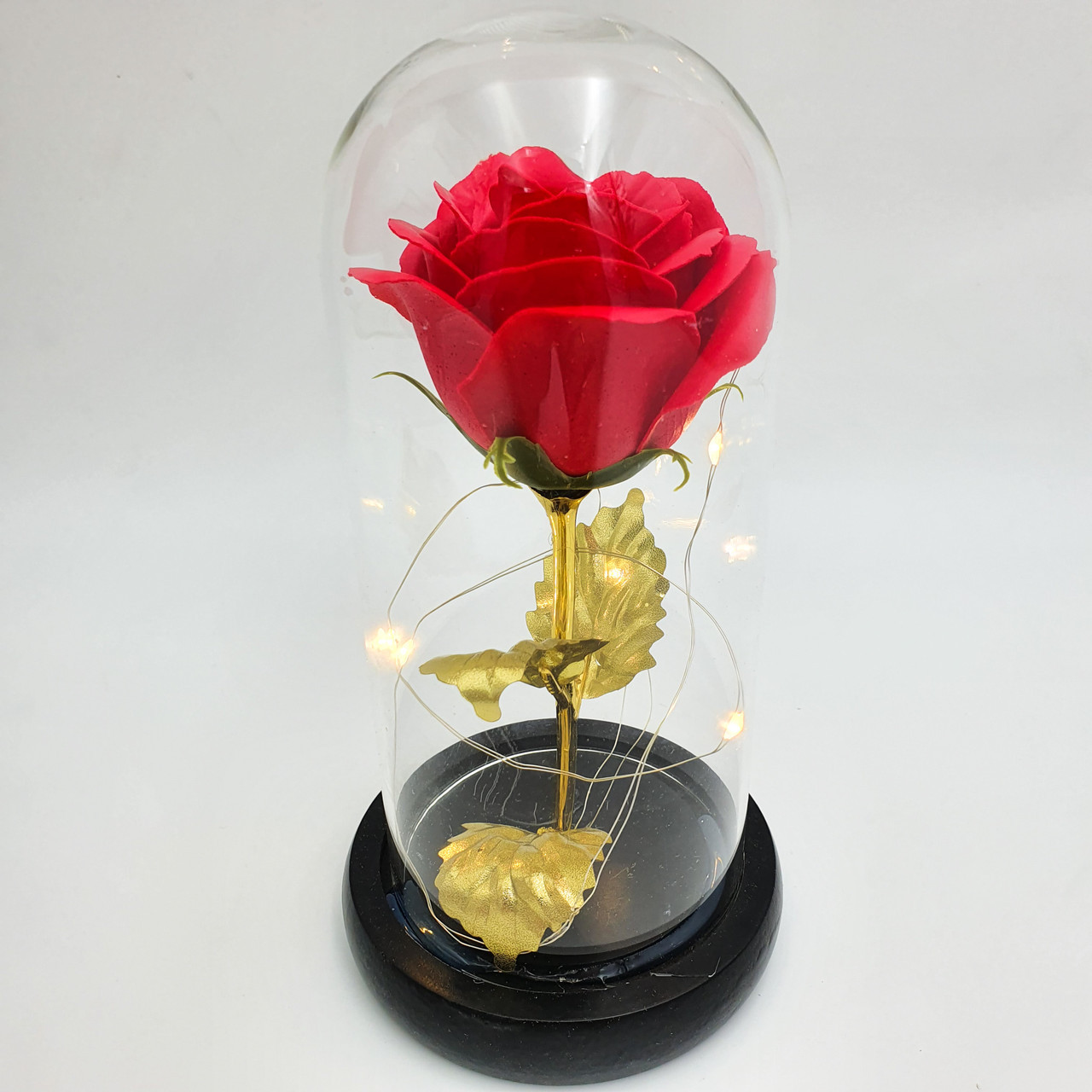 Роза в колбе с LED подсветкой 16 см романтический подарок ночник золотые листья красная! Quality - фото 2 - id-p1433170640