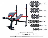 Скамья для жима ReadMeBlack + 125 кг металлических дисков + 4 грифа Гантели, гири, штанги и диски