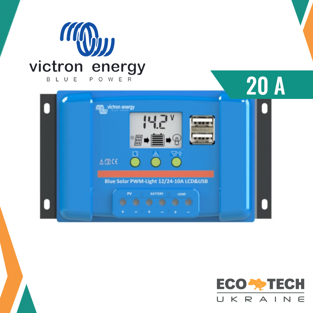 Контролер VICTRON ENERGY BLUESOLAR PWMLCD&USB 12/24V20A (20A, 12/24В