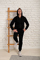 Мужской теплый спортивный костюм на флисе черного цвета с капюшоном 58-60