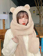 Шапка-шарф с ушками 3 в 1 (мишка, медведь, капюшон, варежки) с карманами Бежевая 2, Унисекс WUKE One size