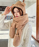 Шапка-шарф с ушками 3 в 1 (мишка, медведь, капюшон, варежки) с карманами Карамельная 2, Унисекс WUKE One size