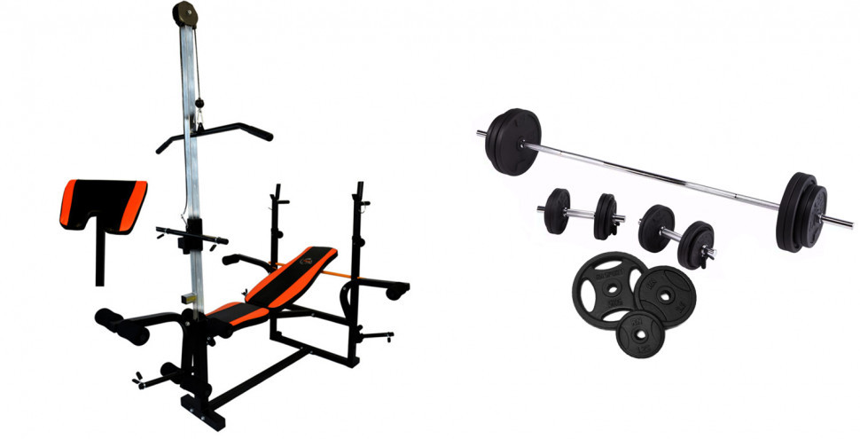 Скамья для Жима с Тягой + Штанга 50 Кг + Металлические Гантели 2 По 16 ...