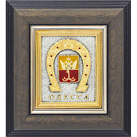 Подарочное панно плакетка в деревянной рамке "Герб Одессы" с подковой